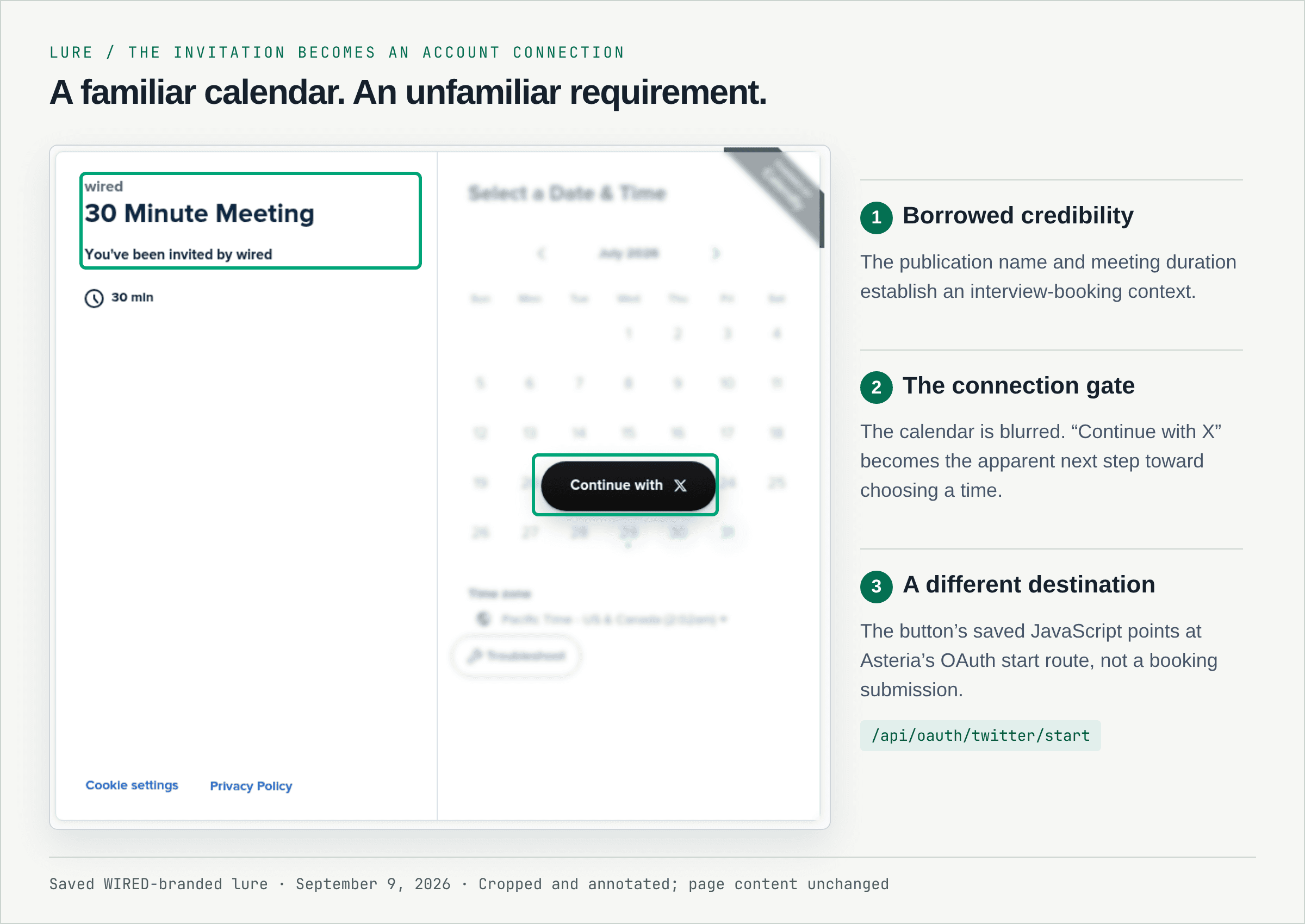 Annotated WIRED-branded booking lure with a blurred calendar and a Continue with X gate.