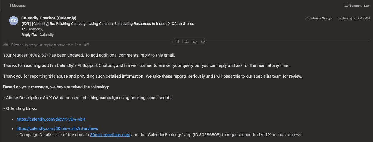 Calendly support acknowledgment listing the genuine routing-form and event URLs, the 30min-meetings.com domain, and the CalendarBookings X application.