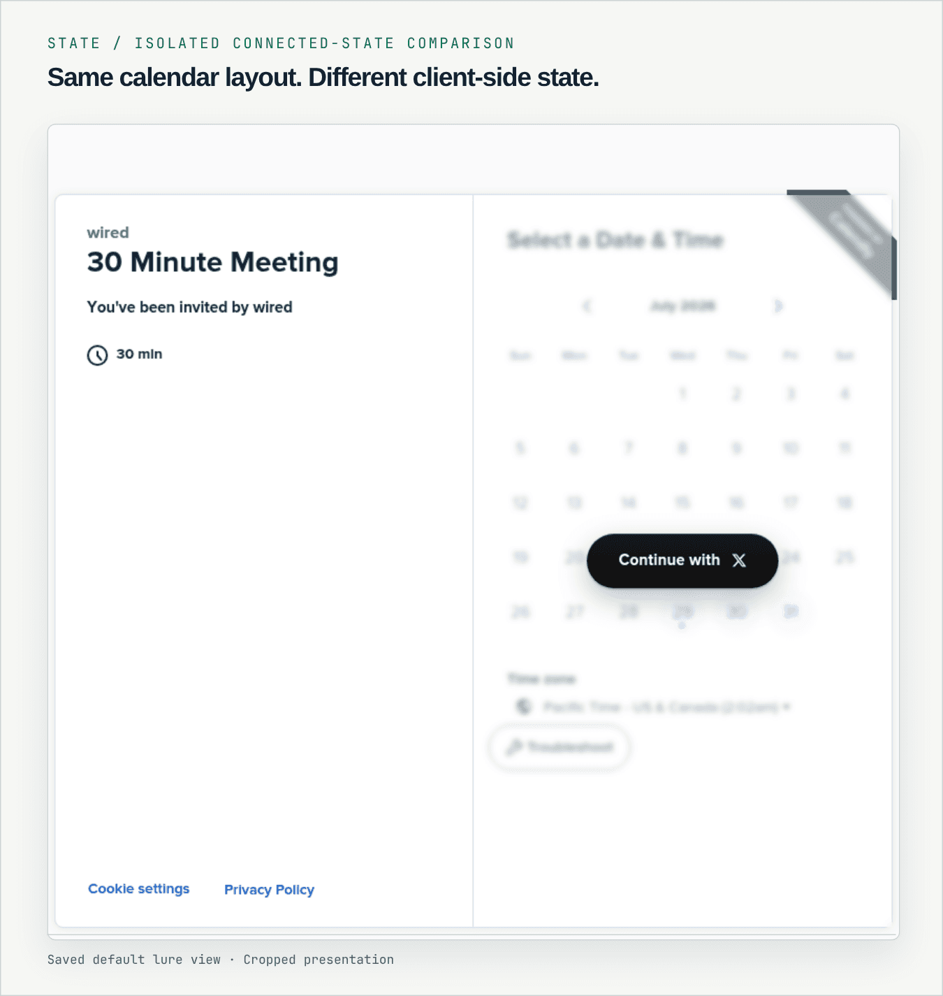 Saved default booking page with the calendar blurred behind an X connection gate.