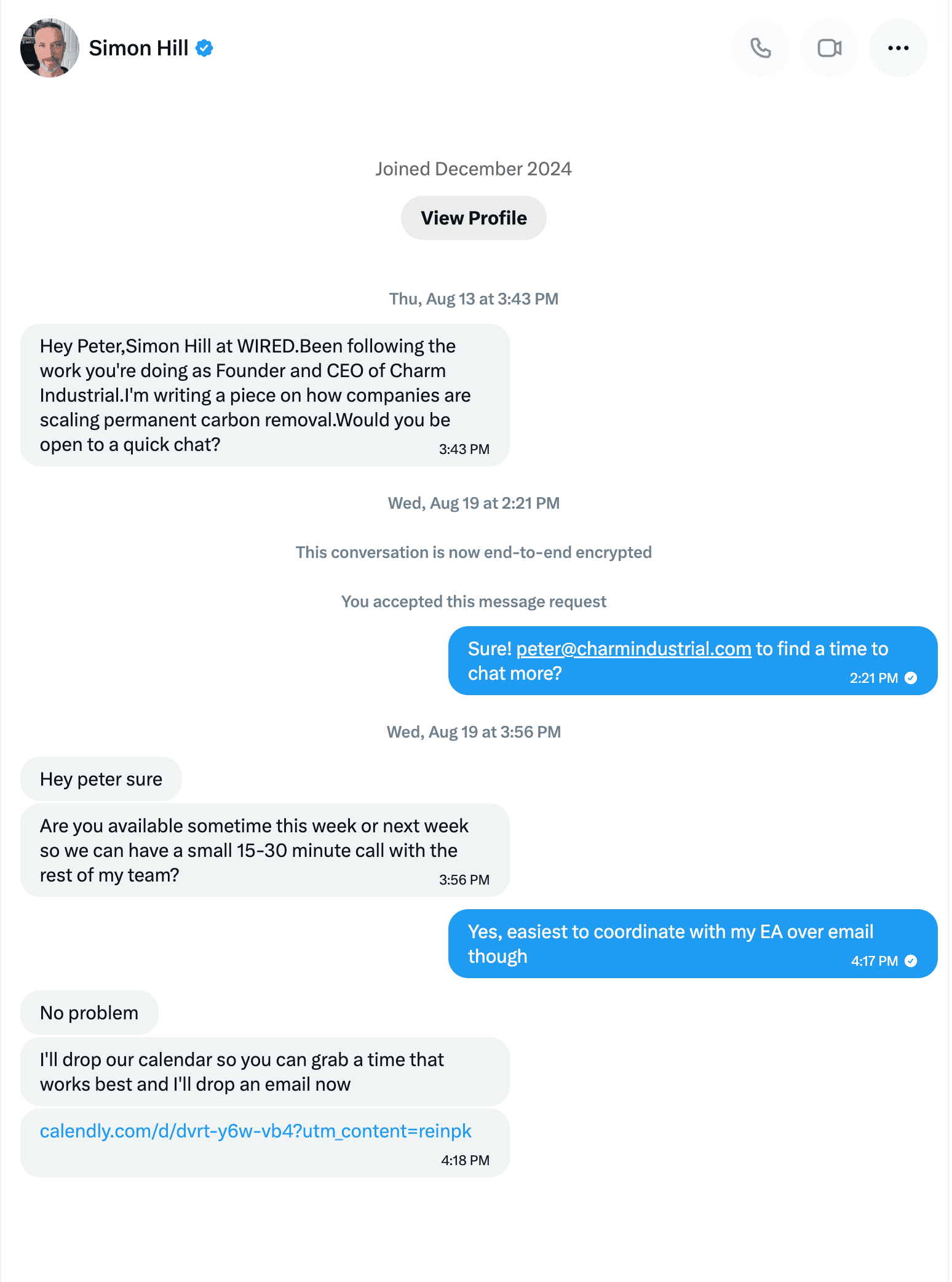 The original interview outreach to Peter, from an account claiming to be Simon Hill at WIRED, ending with a Calendly routing-form link.