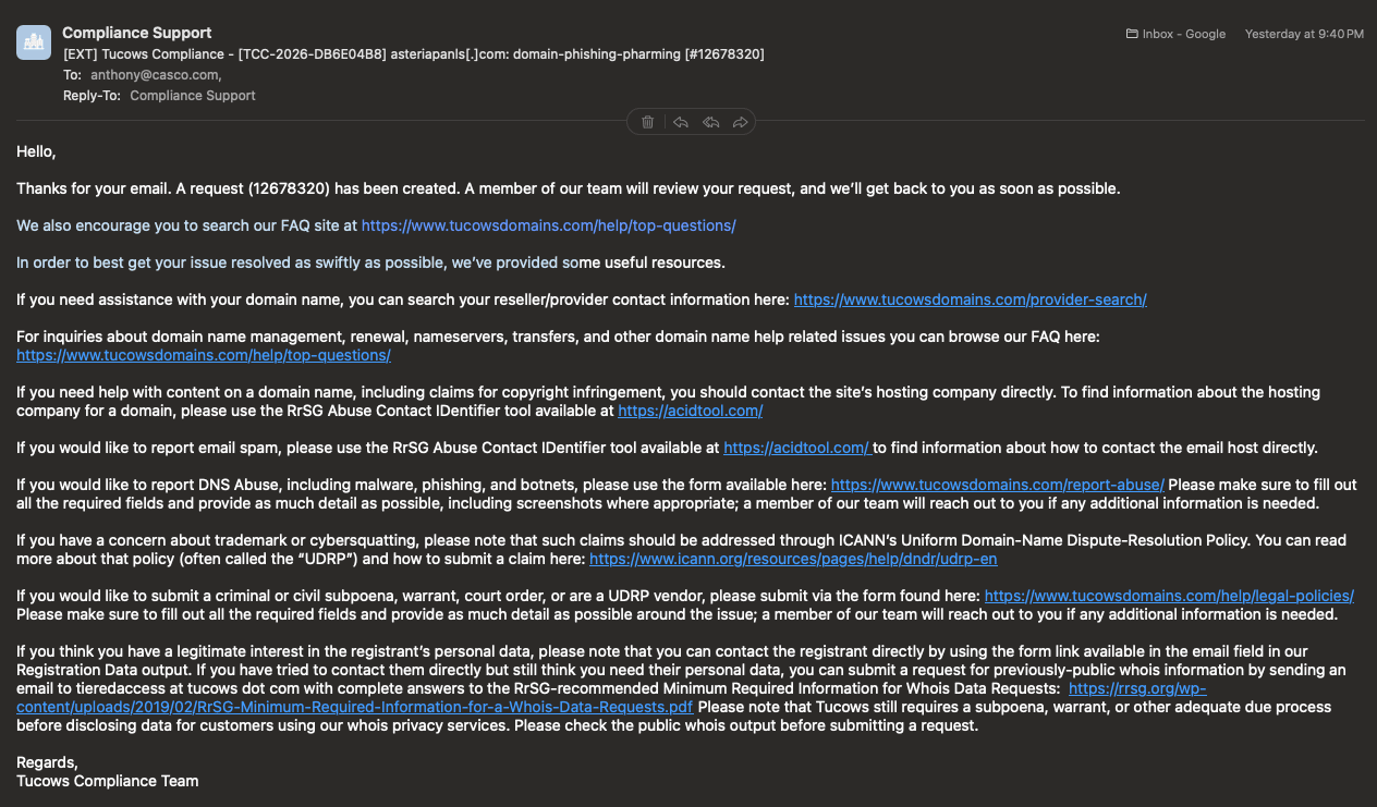 Tucows Compliance email acknowledging an abuse report for asteriapanls.com and confirming that it created request 12678320.