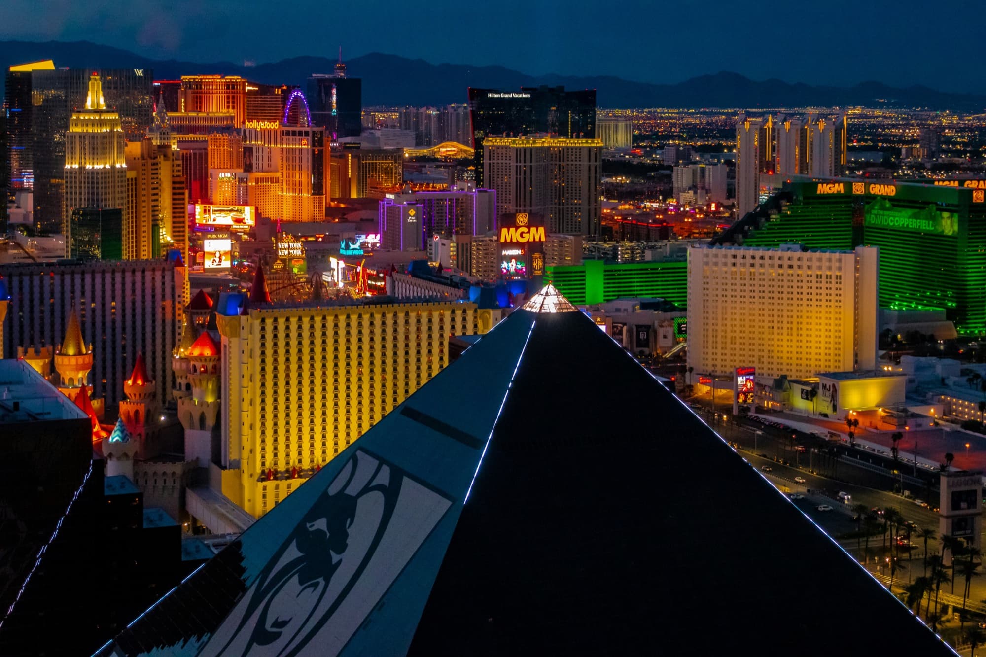The Las Vegas Strip illuminated at night, seen from the Delano