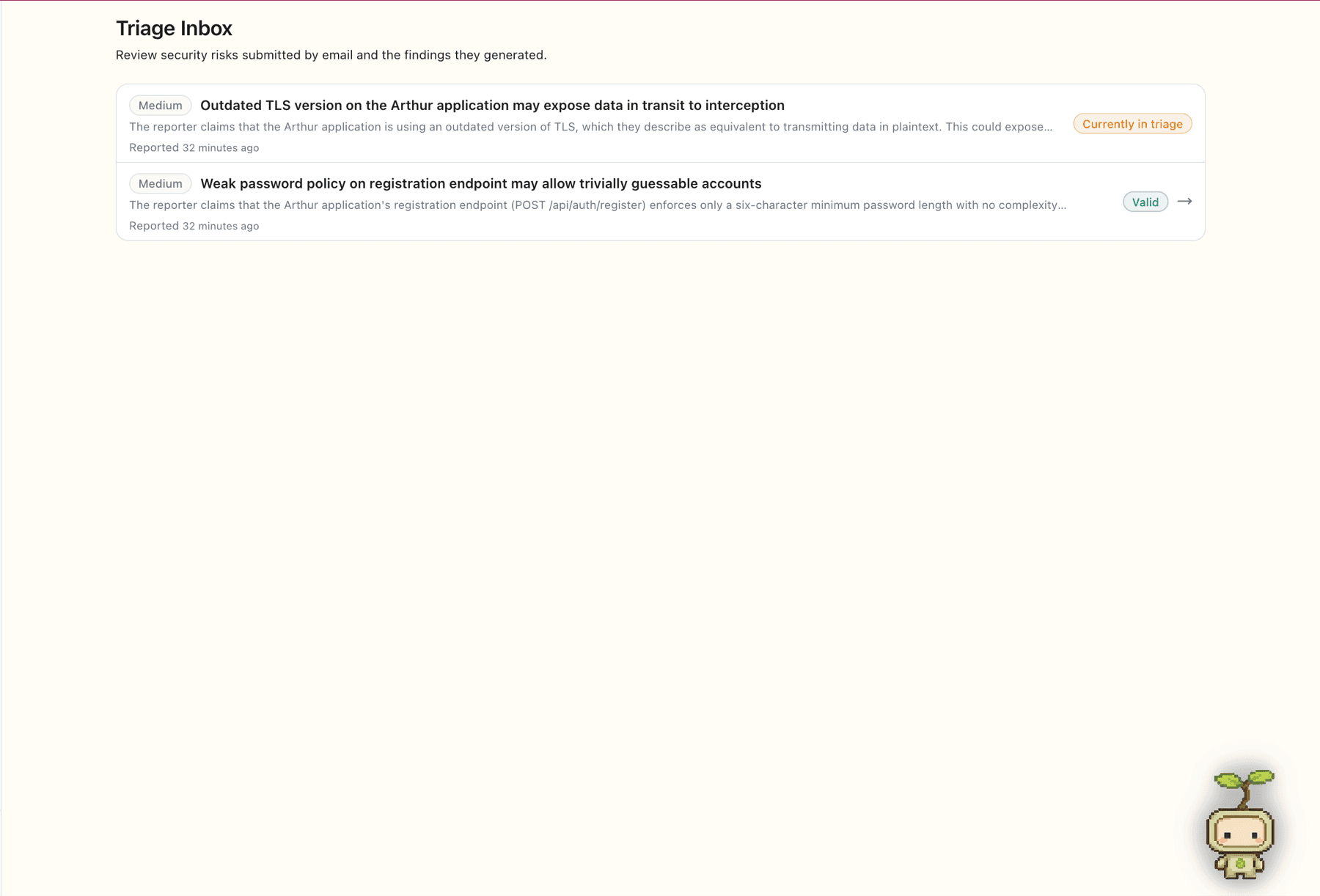 The real Casco Triage Inbox showing two emailed security reports