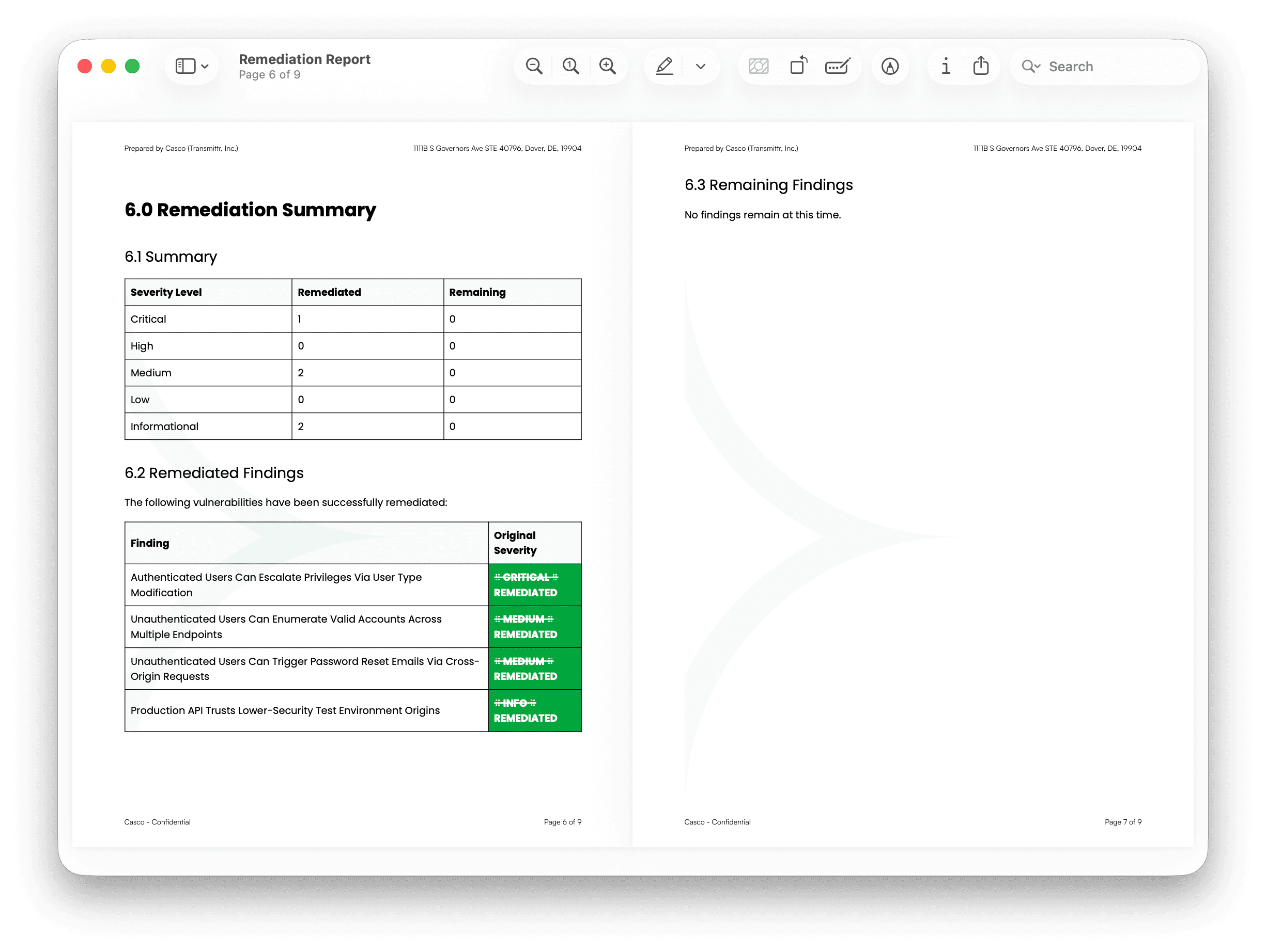 Remediation report summary page