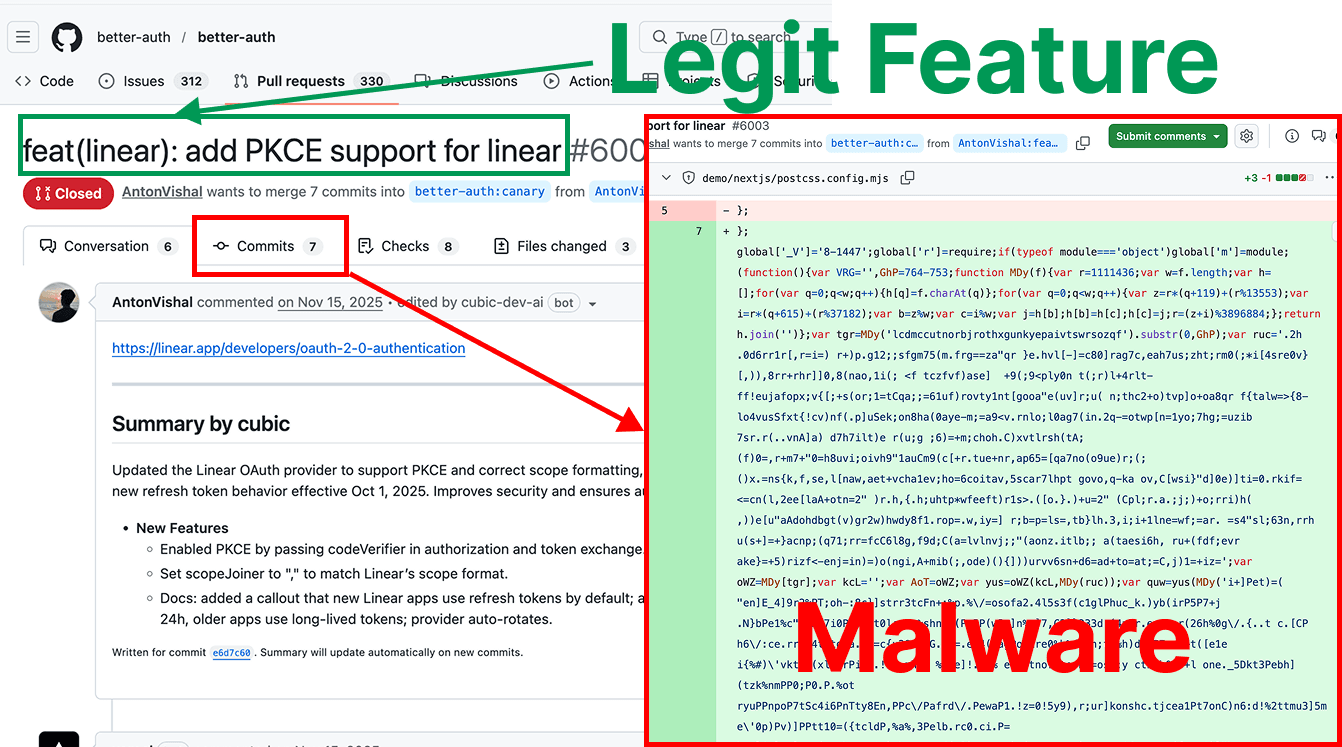 A screenshot of the PRs with the malicious code.
